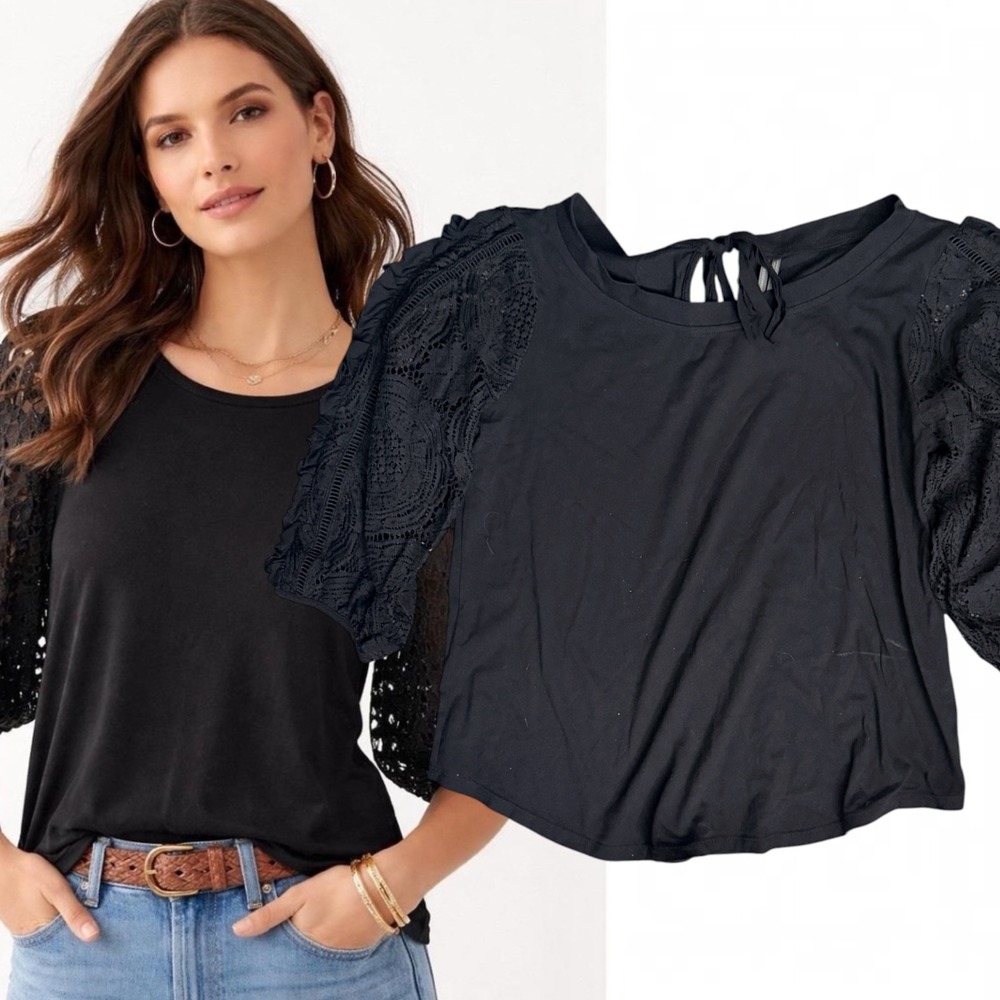 Anthropologie Knit Top Lace Puff Sleeve Black Large